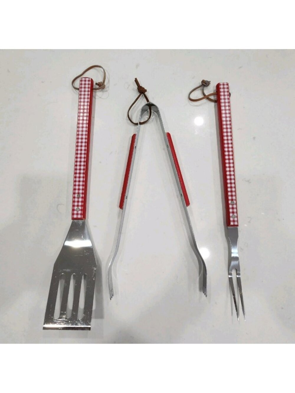 Vintage BBQ Tool Set Stainless Steel Red White Checks Gingham